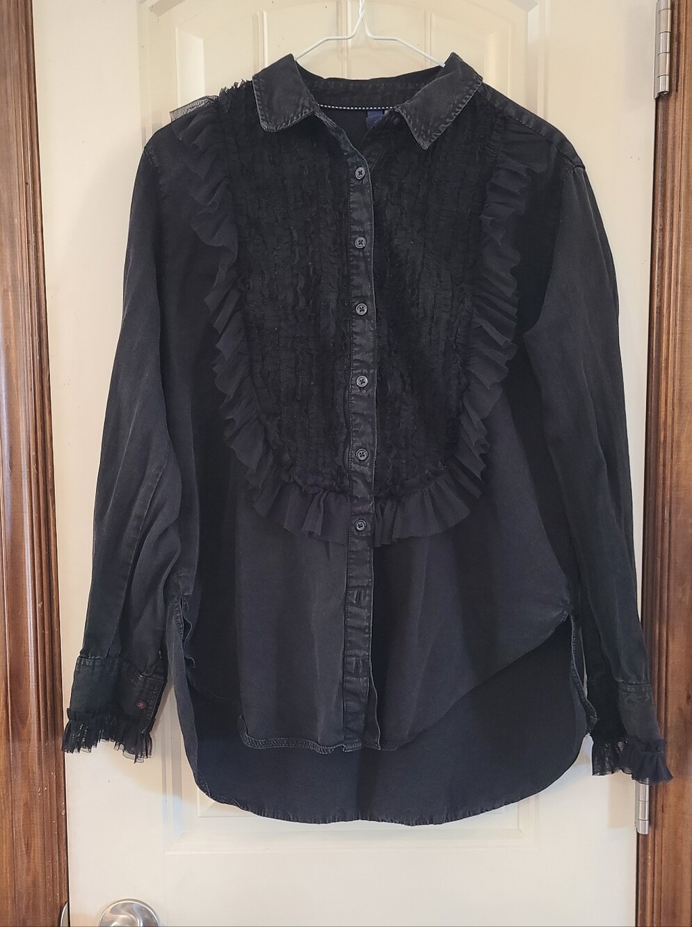 Urban Outfitters Pilcro Black Ruffled Bib Button-Down Shirt Size S